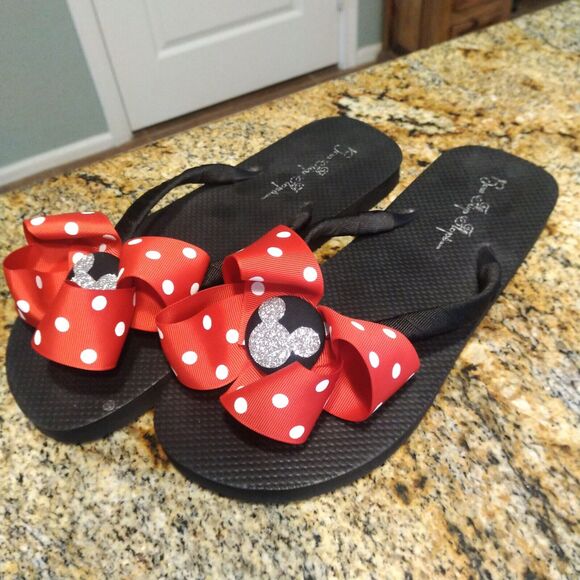 Cute Red Polka Dot Bow Ribbon Flip Flops with Mickey Mouse in Glitter 11/12 - Picture 3 of 9